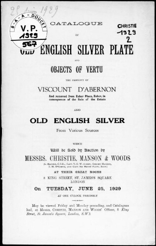 Catalogue of English silver plate and objects of vertu, the property of Viscount d'Abernon [...] : [vente du 25 juin 1929]