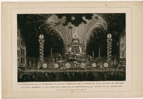 Vue perspective de la décoration et du feu d'artifice tiré à l'Hôtel de ville de Paris en présence de leurs majestés à l'occasion de la naissance de monseigneur le dauphin le 21 janvier 1782