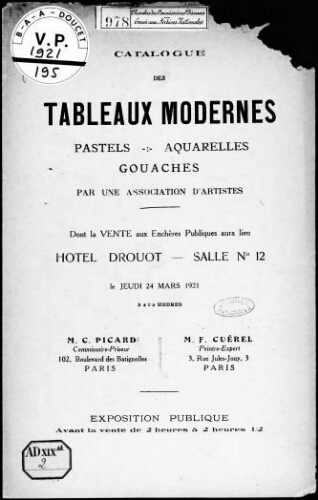 Catalogue des tableaux modernes, pastels, aquarelles, gouaches par une association d'artistes [...] : [vente du 24 mars 1921]