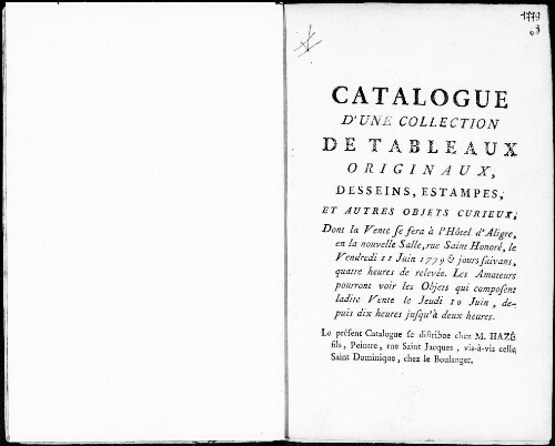 Catalogue d’une collection de tableaux originaux, dessins, estampes, et autres objets curieux [...] : [vente du 11 juin 1779]