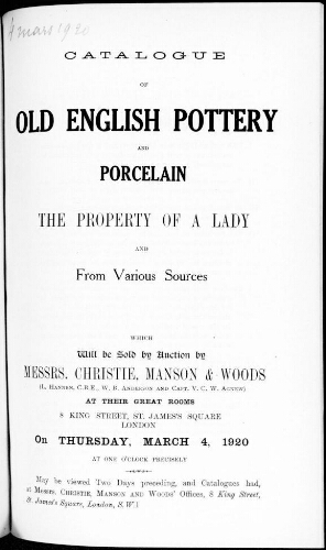 Catalogue of old english pottery and porcelain [...] : [vente du 4 mars 1920]