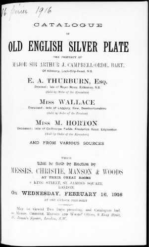Catalogue of old English silver plate […] : [vente du 16 février 1916]