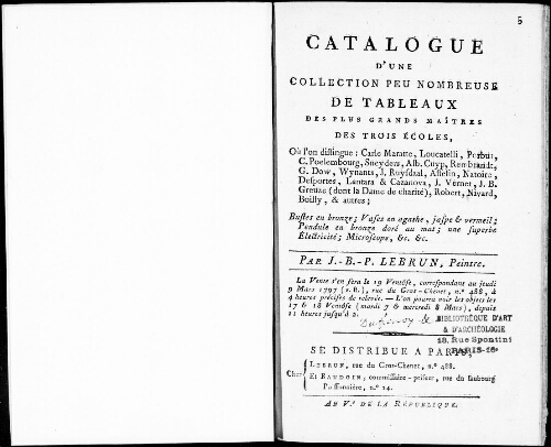 Catalogue d'une collection peu nombreuse de tableaux [...] : [vente du 9 mars 1797]