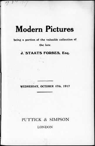 Catalogue of modern pictures of the English, Barbizon and Dutch schools […] : [vente du 17 octobre 1917]