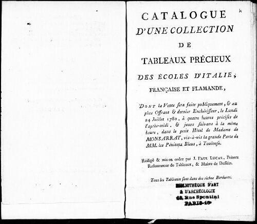 Catalogue d’une collection de tableaux précieux des écoles d’Italie, française et flamande [...] : [vente du 24 juillet 1780]