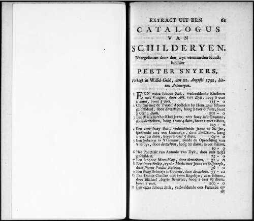 Extract uit een catalogus van Schilderyen [...] : [vente du 22 août 1752]