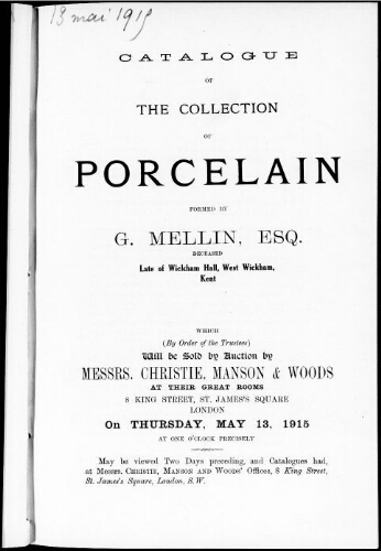 Catalogue of the collection of porcelain formed by G. Mellin […] : [vente du 13 mai 1915]