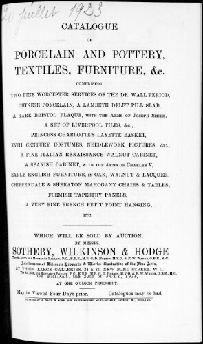 Catalogue of porcelain and pottery, textiles, furniture, etc. [...] : [vente du 20 juillet 1923]
