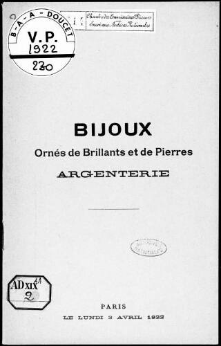 Bijoux ornés de brillants et de pierres, argenterie : [vente du 3 avril 1922]