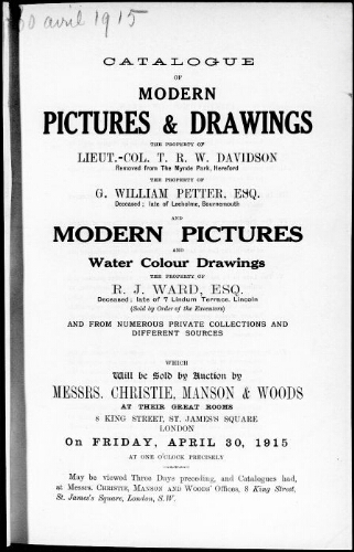 Catalogue of modern pictures and drawings [...] : [vente du 30 avril 1915]