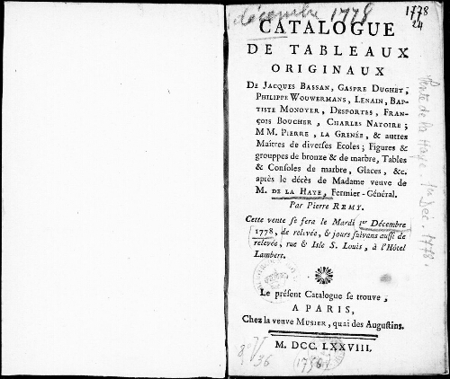Catalogue de tableaux originaux de Jacques Bassan, Gaspre Dughet, Philippe Wouvermans [...] : [vente du 1er décembre 1778]