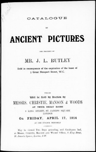 Catalogue of ancient pictures [...] : [vente du 17 avril 1914]