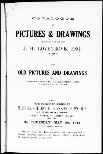 Catalogue of pictures and drawings […] : [vente du 28 mai 1914]