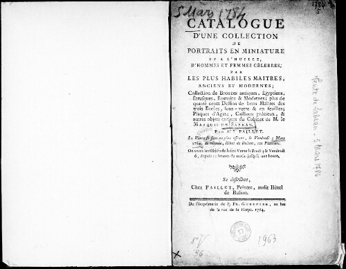 Catalogue d’une collection de portraits en miniature et à l’huile, d’hommes et femmes célèbres [...] : [vente du 5 mars 1784]