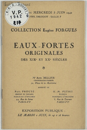 Collection Eugène Forgues ; Eaux-fortes originales des XIX et XXe siècles : [vente du 3 juin 1942]