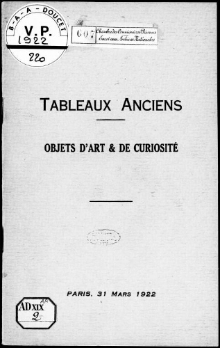 Tableaux anciens, objets d'art et de curiosité : [vente du 31 mars 1922]