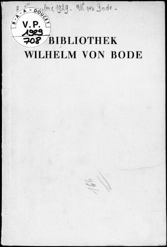 Bibliothek Wilhelm von Bode : [vente du 8 novembre 1929]