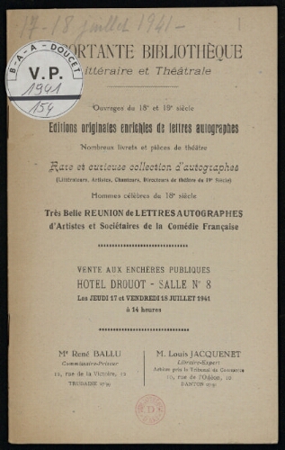 Importante bibliothèque littéraire et théâtrale [...] : [vente des 17 et 18 juillet 1941]