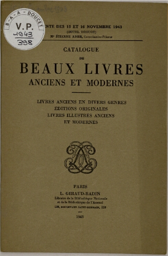 Catalogue de beaux livres anciens et modernes : [vente des 15 et 16 novembre 1943]