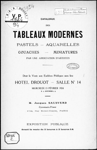 Catalogue des tableaux modernes, pastels, aquarelles, gouaches, miniatures, par une association d'artistes [...] : [vente du 13 février 1924]