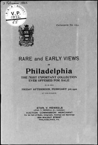 Rare and early views in Philadelphia, the most important collection ever offered for sale [...] : [vente du 3 février 1922]