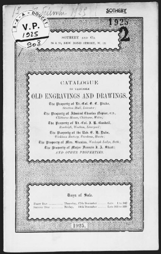 Catalogue of valuable old engravings and drawings, the property of Lt.-Col. G. C. Packe [...] : [vente des 17 et 18 décembre 1925]