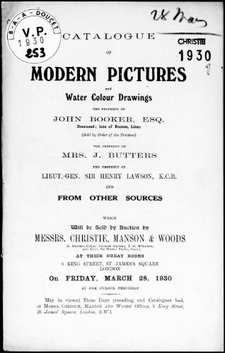 Catalogue of modern pictures and water colour drawings, the property of John Booker [...] : [vente du 28 juin 1930]
