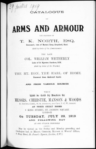 Catalogue of arms and armour [...] : [vente du 29 juillet 1919]