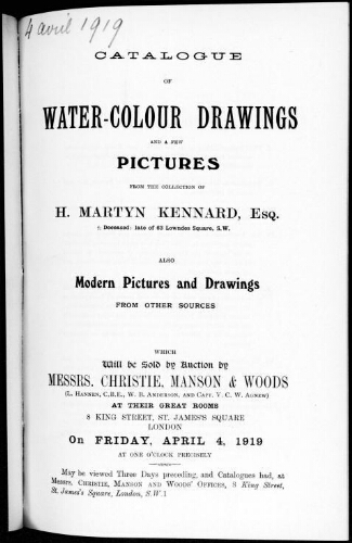 Catalogue of water-colour drawings and a few pictures [...] : [vente du 4 avril 1919]
