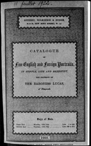 Catalogue of fine English and foreign portraits, in stipple, line and mezzotint [...] : [vente des 10 et 11 juillet 1922]