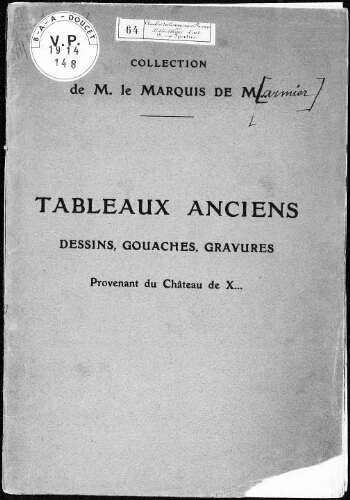 Catalogue des tableaux anciens, dessins, gouaches, gravures […] : [vente du 14 mars 1914]