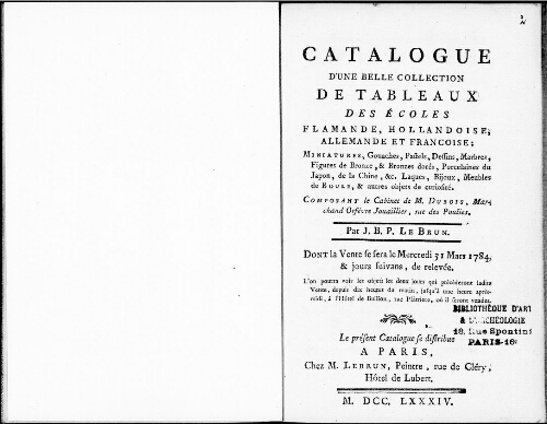 Catalogue d’une belle collection de tableaux des écoles flamande, hollandaise, allemande et française [...] : [vente du 31 mars 1784]