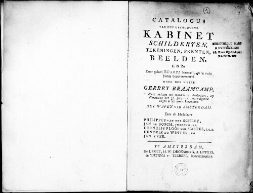 Catalogus van het uitmuntend kabinet schilderyen, tekeningen, prenten, beelden [...] : [vente du 31 juillet 1771]