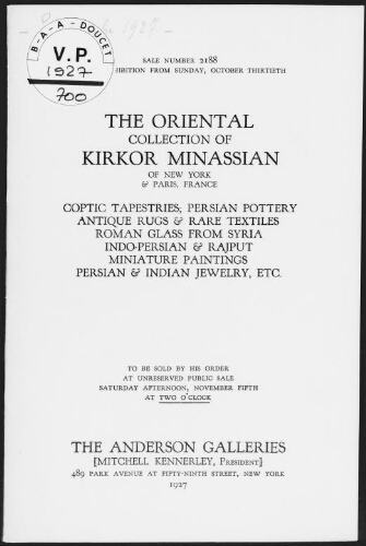 Oriental collection of Kirkor Minassian, of New York and Paris [...] : [vente du 5 novembre 1927]