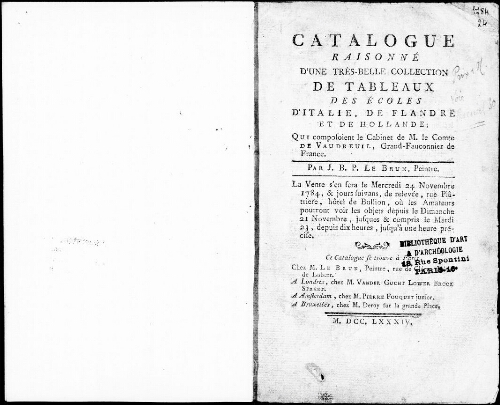 Catalogue raisonné d’une très belle collection de tableaux des écoles d’Italie, de Flandre et de Hollande [...] : [vente du 24 novembre 1784]