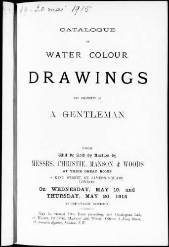 Catalogue of water colour drawings […] : [vente des 19 et 20 mai 1915]