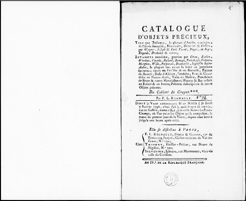 Catalogue d'objets précieux, tels que tableaux, la plupart d’artistes modernes, de l’école française [...] : [vente du 7 janvier 1796]