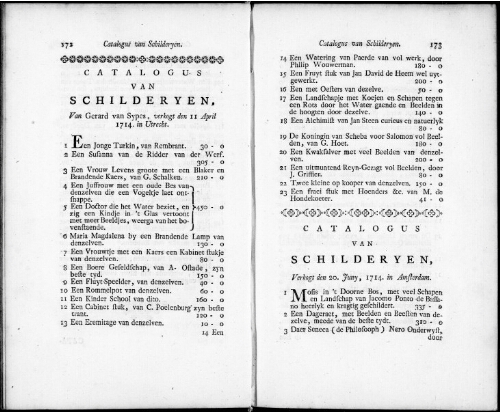 Catalogus van Schilderyen [...] : [vente du 20 juin 1714]