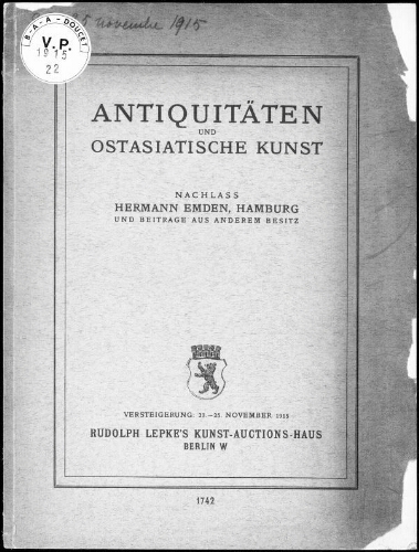 Antiquitäten und ostasiatische Kunst […] : [vente du 23 au 25 novembre 1915]