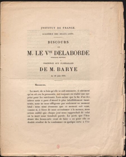 Discours de M. le vicomte de Laborde, prononcé aux funérailles de M. Barye, le 28 juin 1875