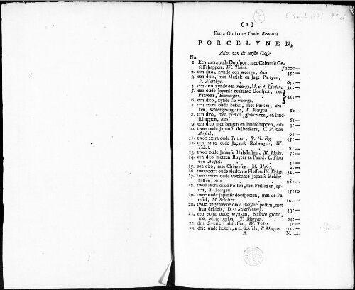 [Catalogus der porcelynen, verlaktewerken, zilverwerk en rariteiten... : vente du 6 août 1771]