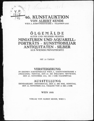 Ölgemälde alter und neuerer Meister, Miniaturen und Aquarell [...] : [vente du 25 au 27 novembre 1918]