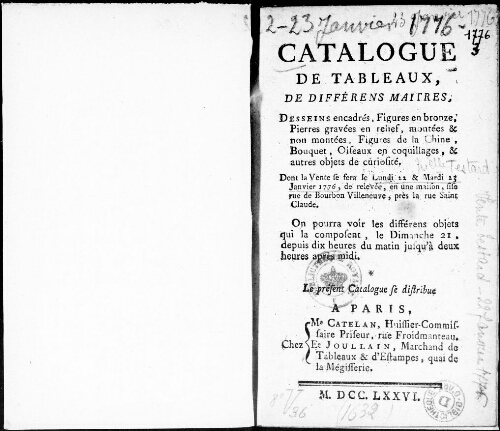 Catalogue de tableaux de différents maîtres, dessins encadrés, figures en bronze [...] : [vente du 22 janvier 1776]