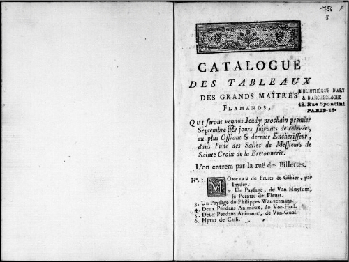 Catalogue des tableaux des grands maîtres flamands [...] : [vente du 1er septembre 1756]
