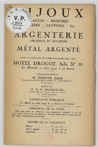 Bijoux [...] argenterie [...] métal argenté : [vente du 21 juin 1944]