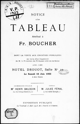 Notice d'un tableau attribué à Fr. Boucher [...] : [vente du 16 juin 1923]
