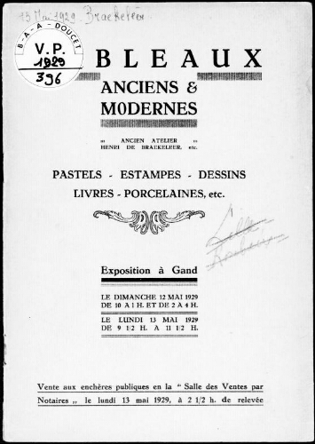 Tableaux anciens et modernes, ancien atelier Henri de Braekeleer, etc. : [vente du 13 mai 1929]