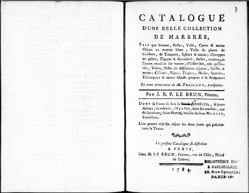 Catalogue d’une belle collection de marbres tels que statues, bustes, vases, cuves et autres objets en marbre blanc [...] : [vente du 6 avril 1784]