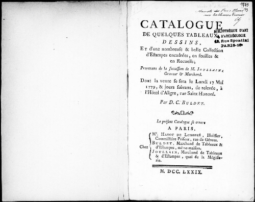 Catalogue de quelques tableaux, dessins et d’une nombreuse et belle collection d’estampes encadrées, en feuilles et en receuils [...] : [vente du 17 mai 1779]