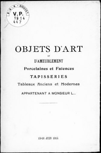 Catalogue des objets d'art et d'ameublement […] : [vente des 15 et 16 juin 1914]